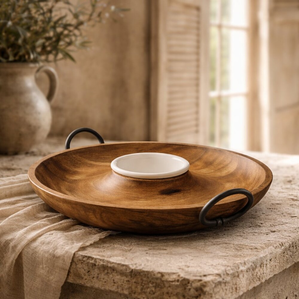 Wooden Chip & Dip Serving Tray Appetizer Serving Platter With Iron Handles